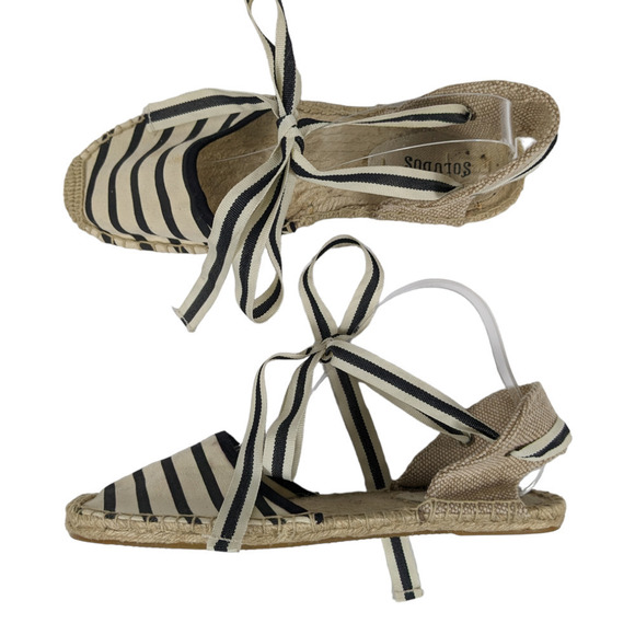 Soludos Espadrilles 9 Cream Navy Blue Stripe Ribbon Tie Closure Flat Shoes - Picture 1 of 7